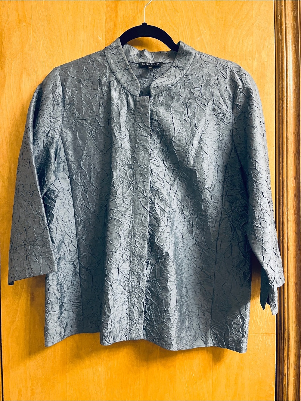 EUC Eileen Fisher Silk Crinkled Dusty Blue Jacket - Mandarin Collar